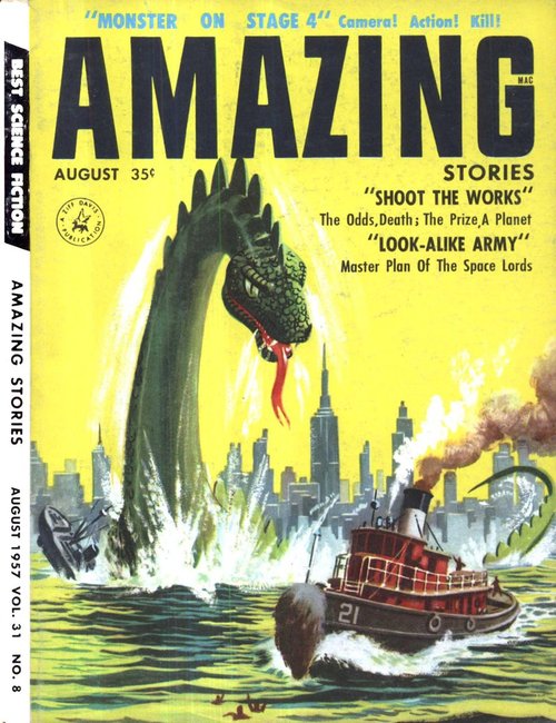 Sea Serpent Attacks New York Harbor, Amazing Stories August 1957