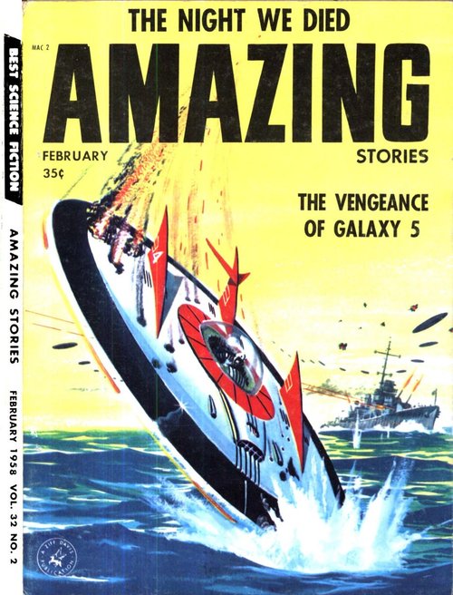 Flying Saucer Destroys Warship – Amazing Stories February 1958 Cover