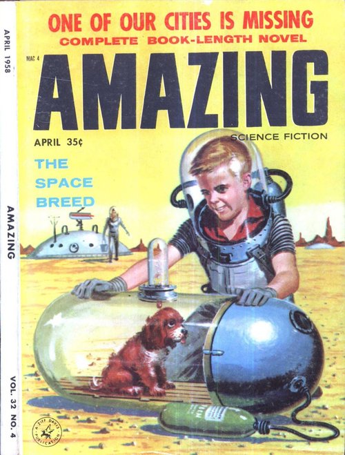 Boy Astronaut & Space Dog, Amazing Science Fiction April 1958 Cover