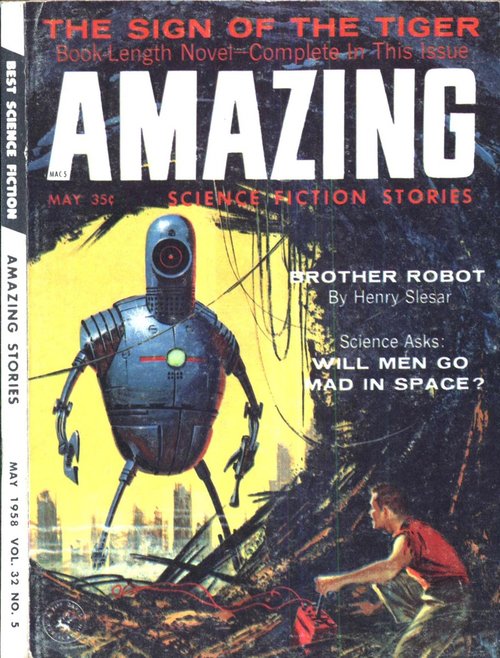 Towering Robot Menace, Amazing Science Fiction Stories, May 1958
