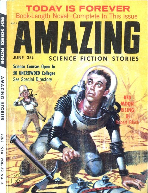 Armored Astronaut Under Threat — Amazing Science Fiction Stories, June 1958