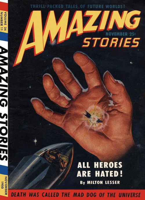 Giant Cosmic Hand & Rocket — Amazing Stories November 1950 Cover