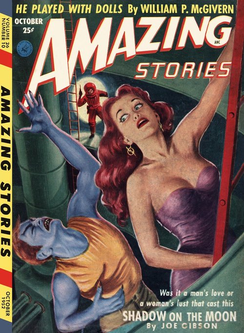 Shadow on the Moon – Amazing Stories October 1952 Blue Alien Menace Cover