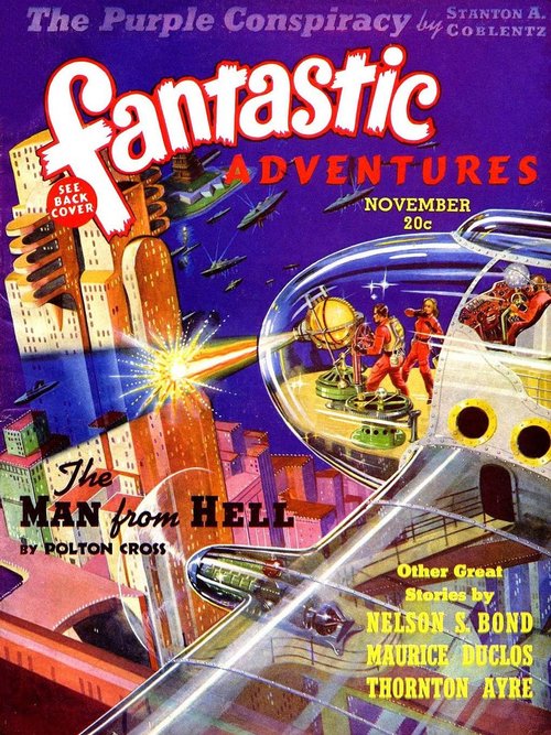 Fantastic Adventures Nov 1939 — Energy Weapon Bombardment of Future City