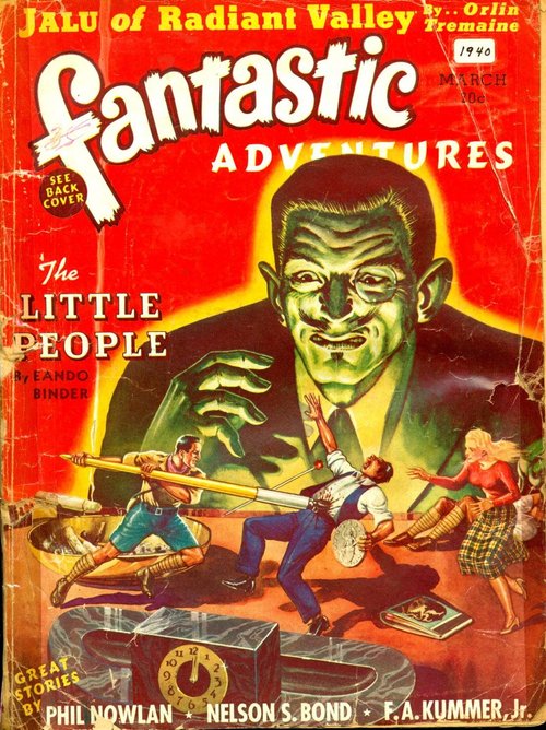 Giant Green Menace Towers Over Tiny Humans — Fantastic Adventures, March 1940