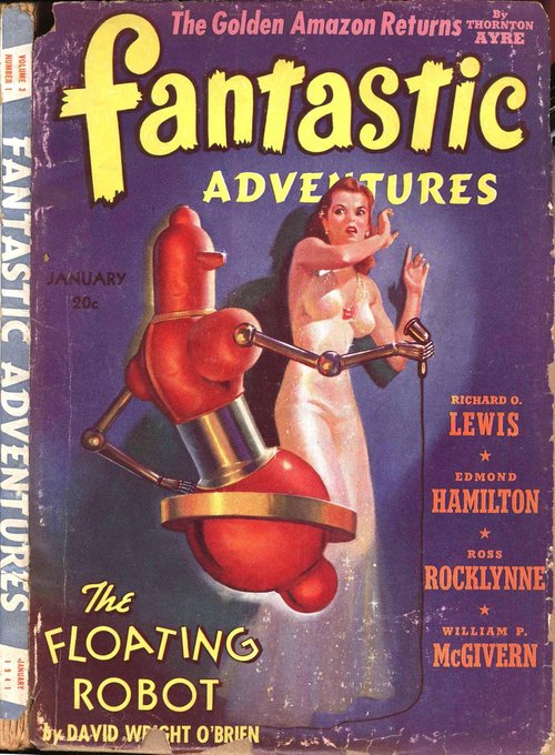 Floating Robot Menaces Woman, Fantastic Adventures January 1941