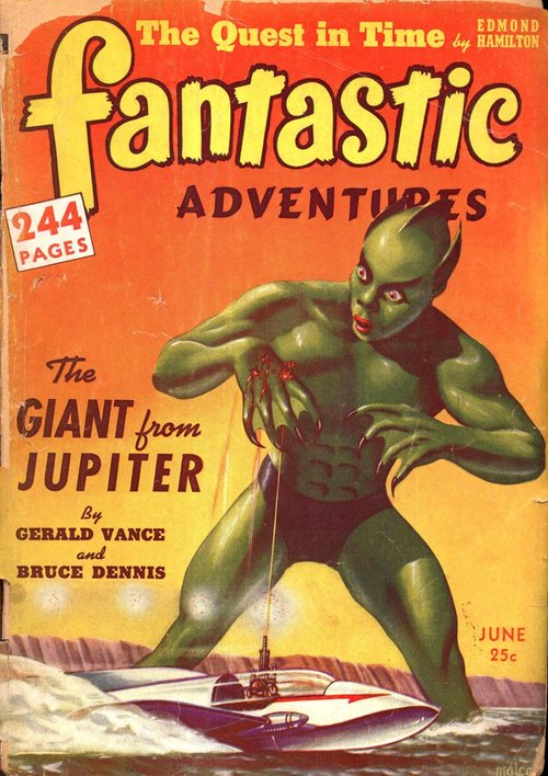 Green Giant from Jupiter Attacks Speedboat — Fantastic Adventures June 1942