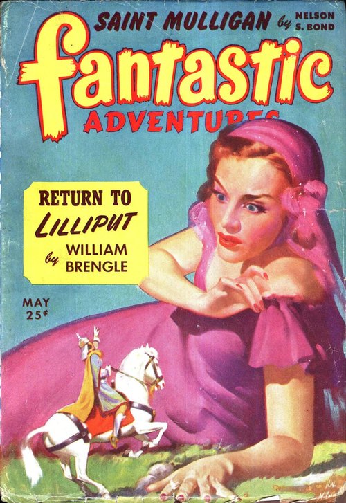 Giantess Gazes at Tiny Knight — Fantastic Adventures May 1943 Lilliput Cover
