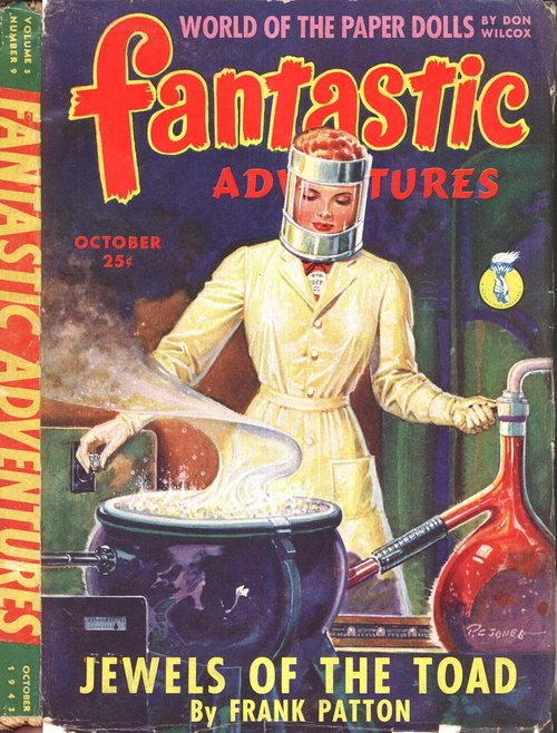 Female Scientist at Bubbling Cauldron, Fantastic Adventures Oct 1943