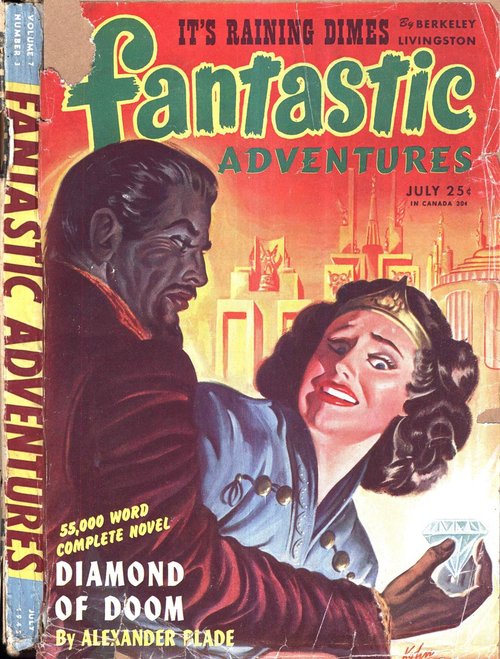 Diamond of Doom — Fantastic Adventures July 1945 Villain & Captive Cover