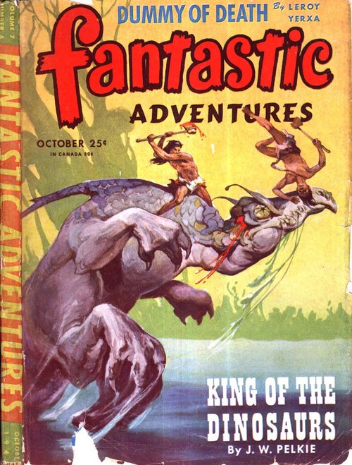 Primitive Warriors Battle a Dinosaur — Fantastic Adventures October 1945