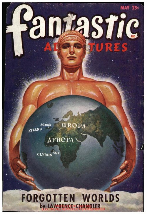 Giant Atlas Figure Holds Alternate Earth, Fantastic Adventures May 1948