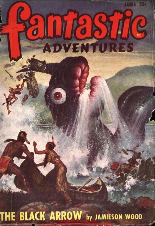 Giant Cyclops Sea Monster Attacks Native Canoe — Fantastic Adventures June 1948
