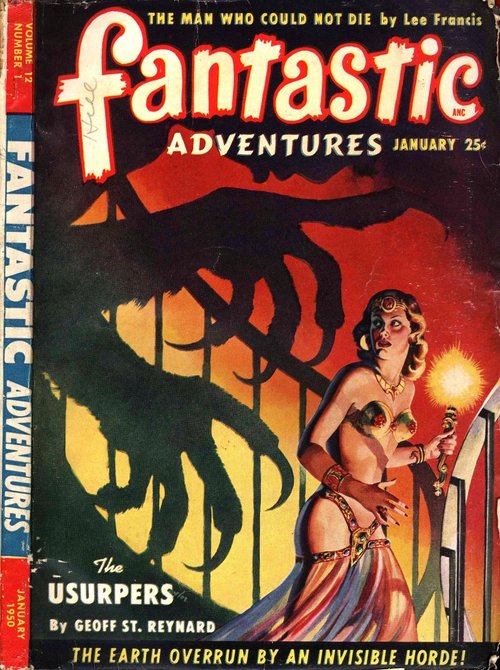 Fantastic Adventures Jan 1950 – Woman Faces Invisible Beast Shadow
