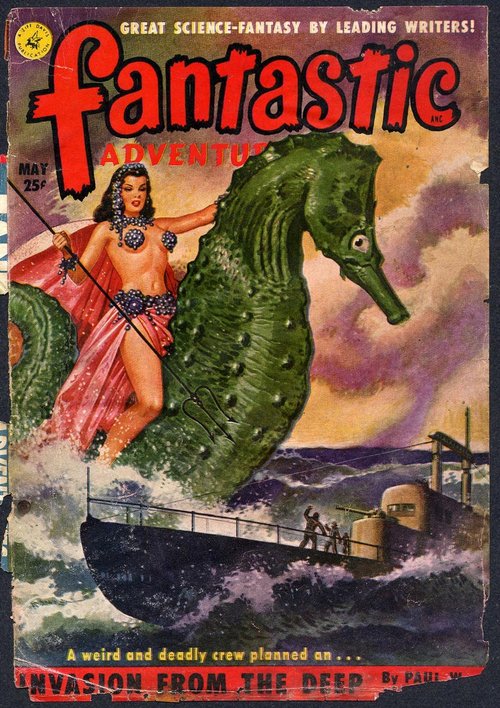 Sea Queen Rides Giant Seahorse — Fantastic Adventures May 1951