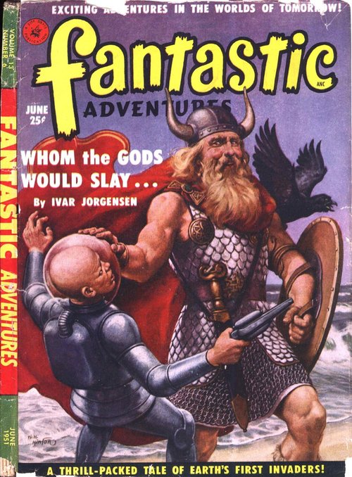 Viking God Crushes Robot Alien — Fantastic Adventures June 1951 Cover