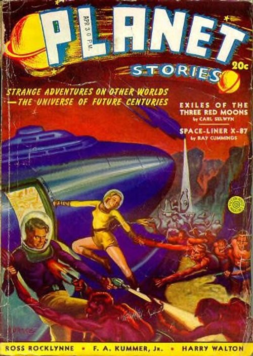 Planet Stories Summer 1940 Cover — Alien World Rescue Under Three Red Moons