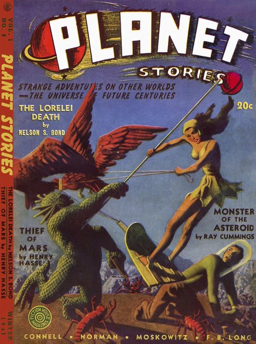 Planet Stories Winter 1941 — Warrior Woman Battles Winged Dragon on Alien World