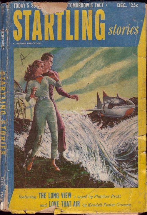 Startling Stories Dec 1952 — Couple Watches Rocket Sub in Crashing Surf