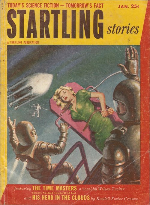 Startling Stories Jan 1954 — Woman Abducted by Space-Suited Figures
