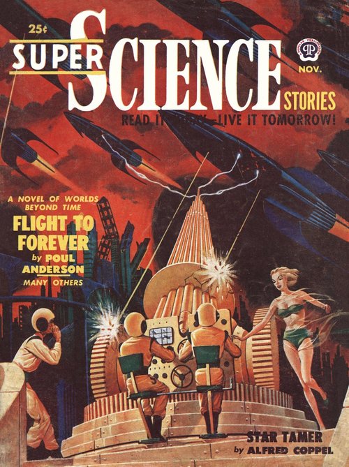 Super Science Stories Nov 1950 – Energy Beam Tower Under Missile Attack