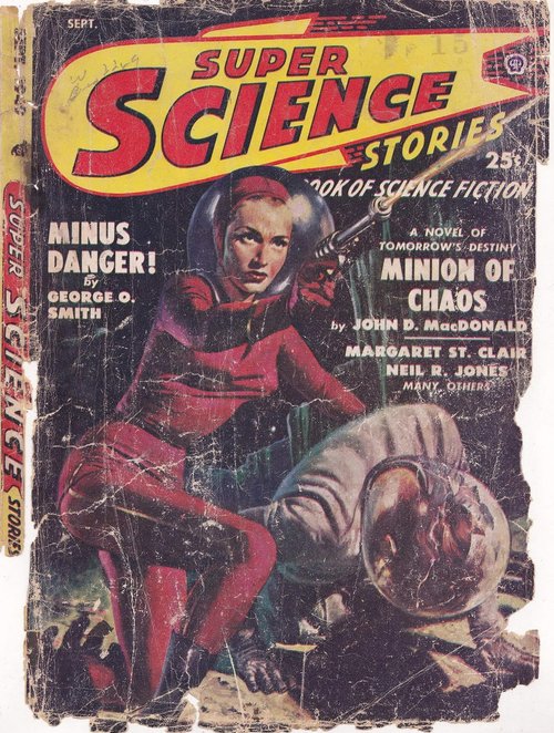 Armed Space Woman Battles Downed Spaceman – Super Science Stories Sept 1949