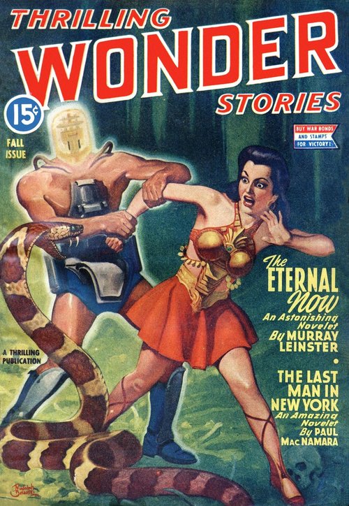Glowing Robot Fights Giant Snake, Thrilling Wonder Stories Fall 1944