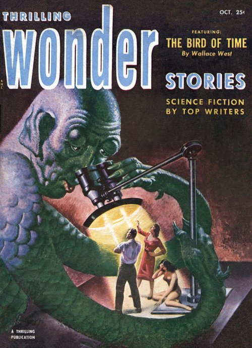 Giant Alien Examines Captive Humans, Thrilling Wonder Stories Oct 1952