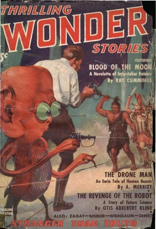 Thrilling Wonder Stories Aug 1936 – Bug-Eyed Alien vs. Ray Cummings Raiders