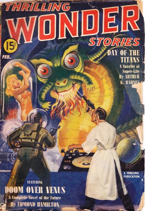 Thrilling Wonder Stories Feb 1940 — Giant Alien vs. Ray-Gun Scientists