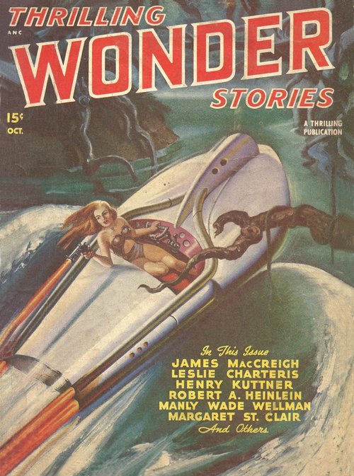 Thrilling Wonder Stories Oct 1947 — Woman Pilot vs. Sea Monster in Rocket Boat