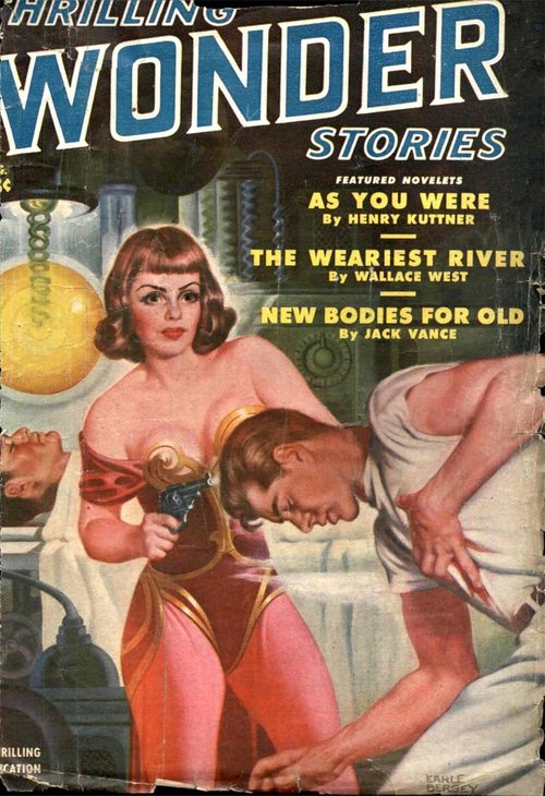 Thrilling Wonder Stories Aug 1950 — Armed Woman in Lab, Jack Vance Issue