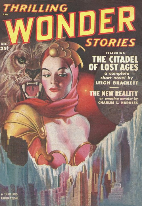 Thrilling Wonder Stories Dec 1950 – Warrior Queen & Lion, Leigh Brackett Cover