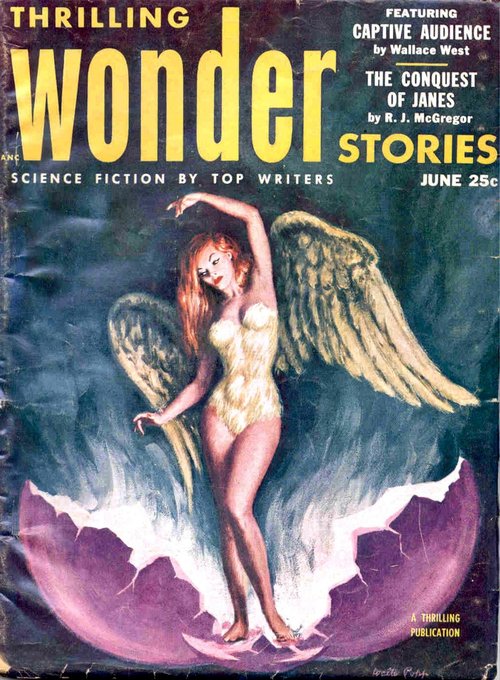 Winged Woman Hatching from Cosmic Egg, Thrilling Wonder Stories June 1953