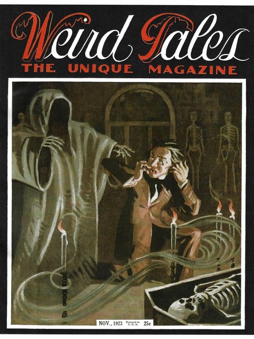 Shrieking Man Confronts Wraith — Weird Tales Nov. 1923 Cover