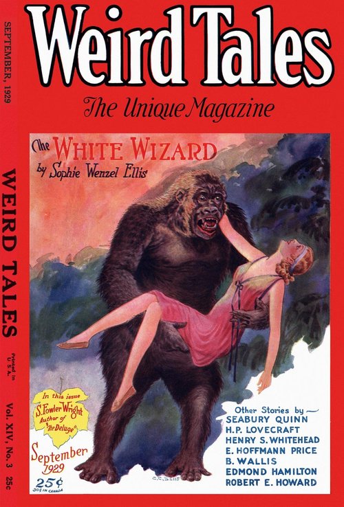 Giant Ape Abducts Woman — Weird Tales Sept 1929 'The White Wizard'