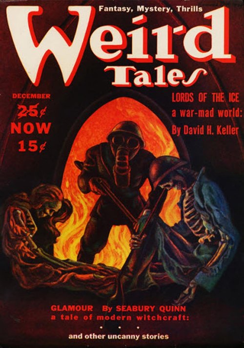 Weird Tales Dec 1939 — Gas-Masked Soldier with Skeleton, Lords of the Ice