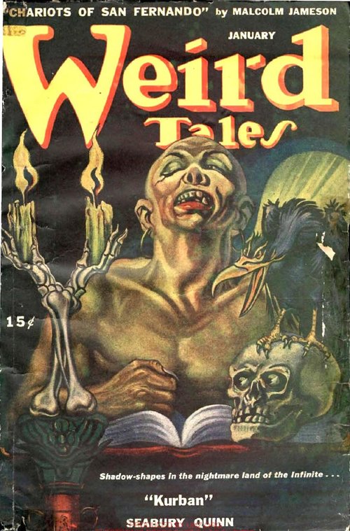 Weird Tales Jan 1946 — Vampire Sorcerer with Skeletal Candelabra and Skull
