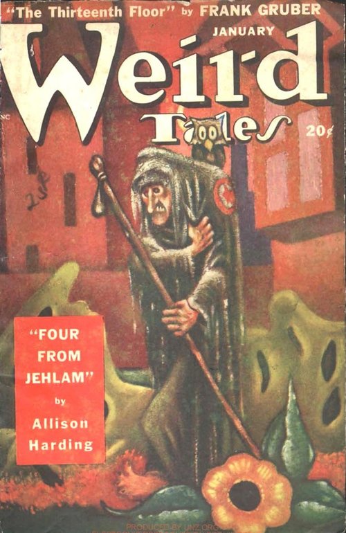 Hooded Witch with Owl Staff, Weird Tales January 1949 Cover
