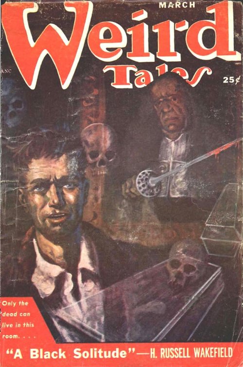 Weird Tales March 1951 — 'A Black Solitude' Horror Cover with Skull-Lined Chamber