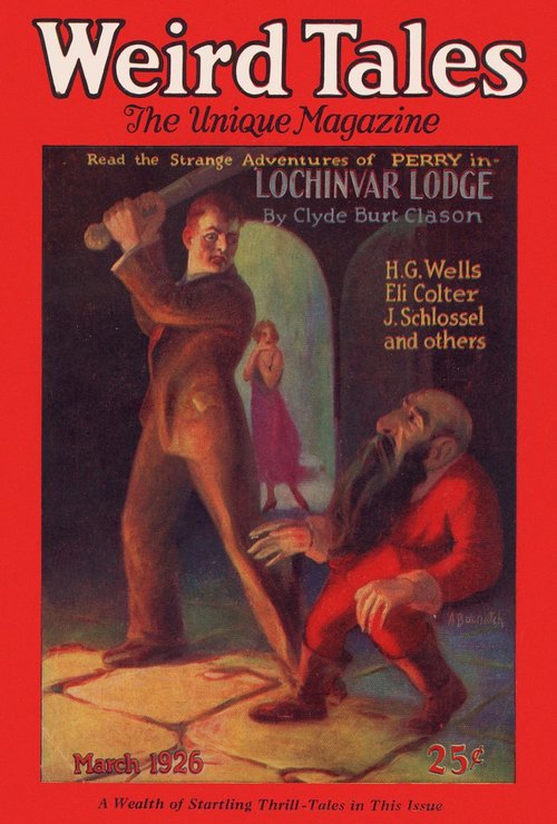 Weird Tales March 1926 — Man with Club Confronts Bearded Figure, Brundage-Era Cover