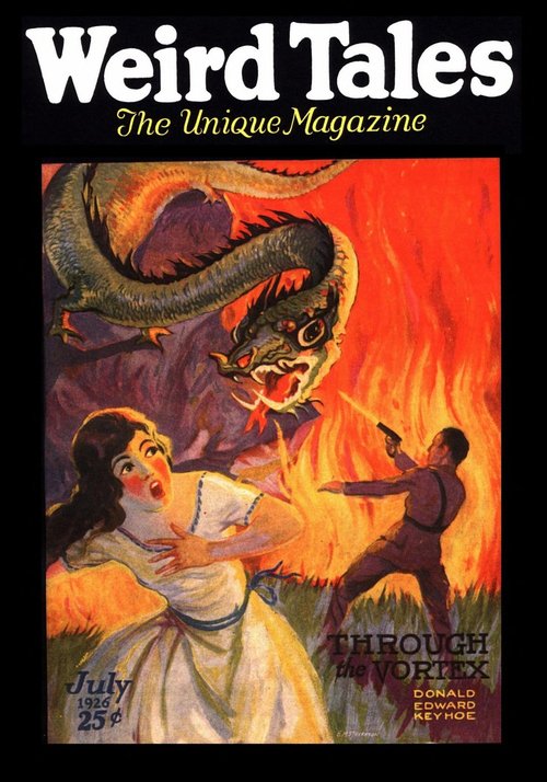 Dragon Attacks Fleeing Woman, Weird Tales July 1926 'Through the Vortex'