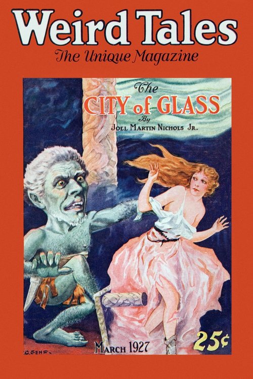 Weird Tales March 1927 – 'The City of Glass' Monster and Fleeing Woman