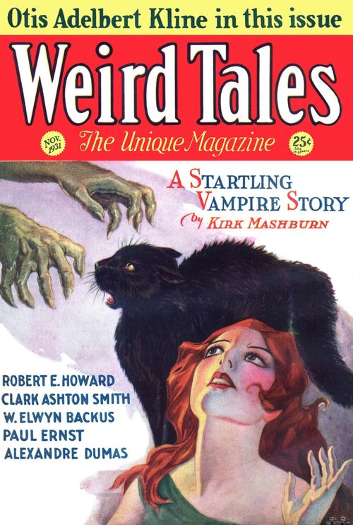 Weird Tales Nov 1931: Vampire Story Cover with Black Cat & Clawed Demon