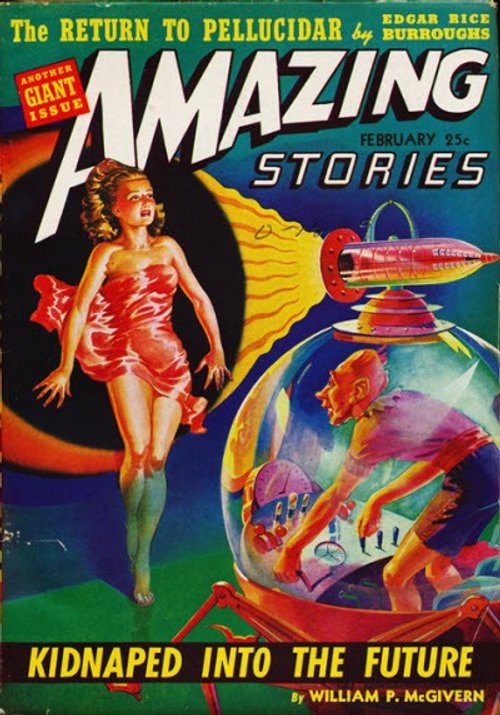 Amazing Stories Feb 1944 – 'Kidnaped Into the Future' Glass Dome Cover