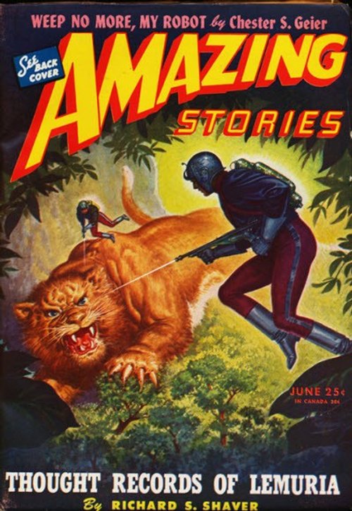 Amazing Stories June 1946 — Armored Hunter vs Giant Saber-Tooth, Lemuria
