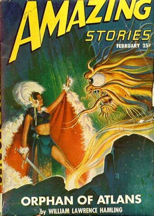 Warrior Woman vs. Dragon Beast – Amazing Stories Feb. Pulp Cover