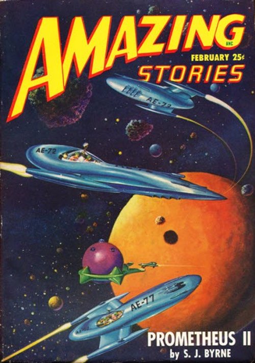 Amazing Stories Feb 1952 — AE-Series Saucers Navigate Asteroid Belt