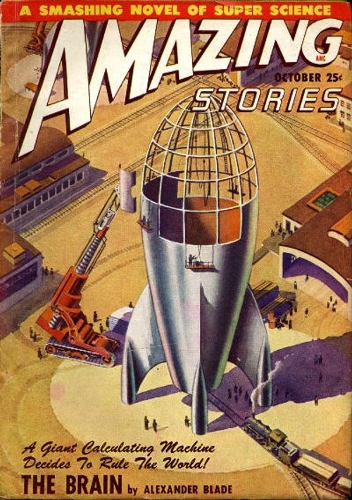 Amazing Stories Oct 1939 — Giant Rocket Under Construction, 'The Brain'