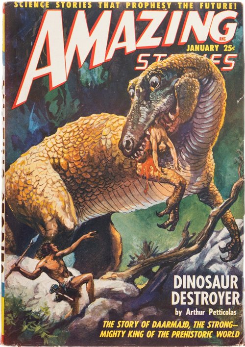 Dinosaur Destroyer – Amazing Stories January Pulp Cover, Prehistoric Monster Attack